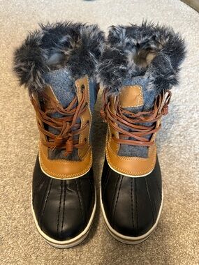 Global Win Black, Brown & Gray Women's Winter Rain Boots - Faux Fur Cuff